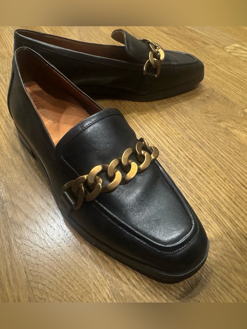 Vionic Black Leather Loafers with Gold Chain Accent